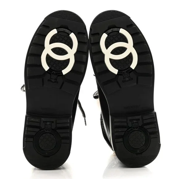 Chanel Calfskin Shearling CC Lace Up Boots 36.5 Black - Picture 7 of 11